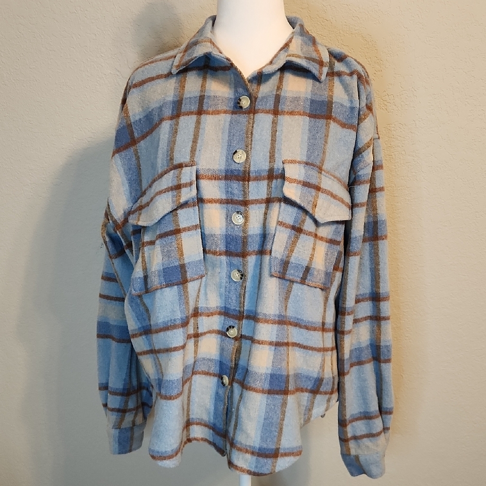 Ford Bronco Blue Brown Plaid Button Down Flannel Large - Picture 4 of 13